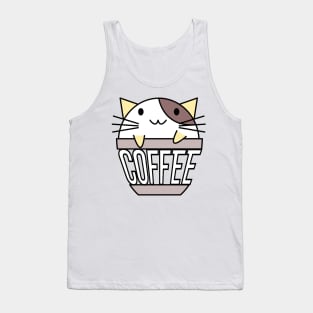 Happy cat in coffee cup with warped text yellow and brown Tank Top